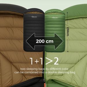 QEZER XXL Down Sleeping Bag – 230x100cm, 1300g, Black, 3-4 Season Lightweight for Adults Camping