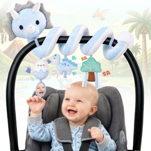 Stuffed Dinosaur Spiral Car Seat Toys Hanging for Babies 0-3 3-6 6-12 Months, Plush Infant Stroller Toy with Silicone Teether, Crinkle and Squeaker, Soft Cute Shower Gifts for Newborn Boys Girls