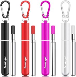4 Pack Portable Reusable Metal Straw Collapsible Stainless Steel Drinking Straw Telescopic Straw to Drink Water Smoothie with Aluminum Key-chain Case & Cleaning Brush (Black&rose gold&silver&red)