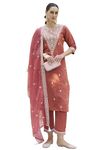 VredeVogel Women's Silk Blend Embroidered Kurta with Pant & Organza Dupatta Set (Peach_Medium)