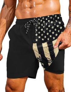 COOFANDY Men Swim Trunk with Compression Liner 2 in 1 Swimwear Bathing Suit Quick Dry Board Short, Print Black American Flag, X-Large