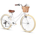 Glerc 24 Inch Girls Cruiser Bike 6-Speed Cruiser Women's Hybird Bicycle for Ages 7 8 9 10 11 Years Old with Wicker Basket. Lightweight Frame and Fork, Color White