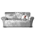 Home Republic Crushed Velvet Stretch Sofa Cover - Luxury Soft Polyester Sofa Cover with Straps for Snug Fit - Stylish Removable Stretch Cover Ideal for Living Room and Pets (Silver, 175x240)