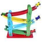 TINKEZ Wooden Ramp Race Track Set for Kids | Multilevel Twister Track Toy Set with Four Cars | Fun Playing Smooth Racing Car Slider Toy for Kids | Multicolor