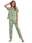 SMOWKLY Printed Round Neck Short Sleeve Nightsuit Set | Pajama Set | Night Dress for Women (1024_GRN_S) Mint Green