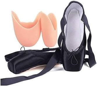 Daydance Ballet Pointe Shoes Girls Women Ribbon Ballerina Shoes with Toe Pads, Black, 9