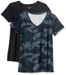 Amazon Essentials Women's 2-Pack Tech Stretch Short-Sleeve V-Neck T-Shirt, Black/Grey Camo, XX-Large