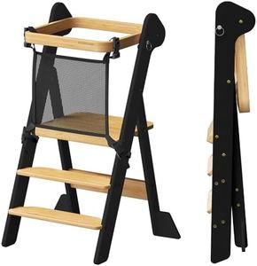 COSYLAND Foldable Standing Tower for Toddlers – IF Design Awarded Height Adjustable Kitchen Step Stool with Safety Net – Toddler Learning Helper Stool for Kitchen/Bathroom,Foldi (Black & Natural)