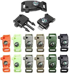 12pcs Pack Mix Colors 5/8" Compass Flint Scraper Fire Starter Whistle Buckle Plastic Paracord Bracelet Outdoor Camping Emergency Survival Travel Kits #FLC158-FWC(Mix-s)