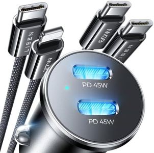 LISEN 90W Car Charger USB C Fast Charge, USB C Car Charger Fast Charge, Type C Car Charger for iPhone 17 Pro Max 16 15 14 13 12 11, for Samsung S26 S25 S24 [with Lighning & USB-C Cable]