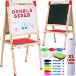 Blue Squid Art Easel for Kids - Dual-Sided Adjustable Wooden Painting Easels, Ideal for Toddlers, Children - with Magnetic Chalk Board, White Board & Paper Roll, Includes Accessories