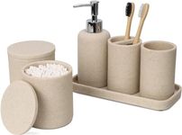 zccz Beige Bathroom Accessory Set 6 Pcs - Soap Dispenser, 2 Qtip Holder Dispenser, Toothbrush Holder, Vanity Tray, Bathroom Tumbler - Decorative Countertop Vanity Organizer - Accessoire Salle De Bain