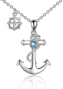 YAFEINI Anchor Necklace Sterling Silver Polished Nautical Anchor Rope Fine Blue Ocean Crystal Jewelry for Men Women, Sterling Silver, Zircon