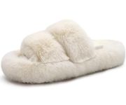 COFACE Womens House Slippers Woman Fuzzy Fluff Indoor Slipper Ladies Furry Fur Bedroom Slip On Slipers Women’s Orthopedic Arch Support Home Shoes Winter Open Toe Plush Shearling Slide Beige Size 6.5