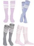 Geyoga 4 Pairs Colorful Striped Neon Thigh High Socks Witch socks Soccer Socks for Women(Light Pink, Purple, Blue, Gray)