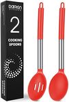 Pack of 2 Large Silicone Cooking Spoons, Non-Stick Stainless Steel Slotted and Solid Spoon Set for Serving, Mixing, Draining, Heat Resistant, Scratch Resistant and BPA Free Kitchen Scoops (Red)