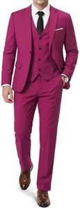 YND Men's Slim Fit 3 Piece Suit, One Button Jacket Vest Pants Set with Tie, Solid Party Wedding Dress Blazer, Tux Waistcoat and Trousers Fuchsia