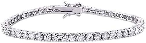 Abbie+Cleo Round Shape Created White Moissanite Gemstone Tennis Bracelet in Rhodium Flash Plated Sterling Silver, 7in