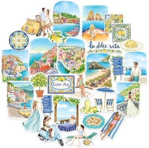 Navy Peony Coastal Italy Travel Stickers (29pcs) - Water Colour, Waterproof, Amalfi Summer, Beach-Themed Vacation Decals for Scrapbooks, Waterbottle