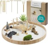 Navaris Zen Garden Kit - Mini Japanese Sand Garden - Miniature Meditation Stone Ornaments - Buddhist Gifts Complete Set - Round MDF Tray, White Sand