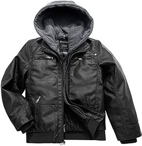 wantdo Boy's Hooded motorcycle Jacket Faux Leather Coat Zip Up Hoodie Black light 14/16