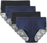 LIQQY Women's 3 or 4 Pack Comfort Cotton Lace Coverage Full Rise Briefs Underwear (Medium, Black/Navy Blue)