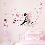 Runtoo Pink Butterfly Girl Wall Decals Fairy Flower Wall Art Stickers for Girls Kids Bedroom Baby Nursery Wall Decor