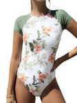 CUPSHE One Piece Swimsuit for Women Mock Neck Zipper Short Sleeve Bathing Suit, Olive Green/Tropical, Medium