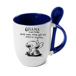 Ohana Means Family Stitch Coffee Tea Cocoa Soup Daily use Mug Birthday Gift Party gage Keepsake C Handle Unique Ceramic Cup Mug. (Blue Spoon)