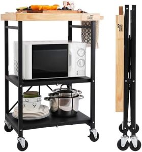Mythinglogic Foldable Kitchen Storage Cart, 3-Tier Rolling Cart with Solid Oak Top, Heavy-Duty Metal Utility Rack for Microwave, Pots, Dish Set, Meal Prep Area, Kitchen Island on Lockable Wheels