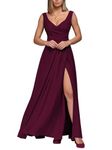 LUJENGEFA Women's Sleeveless V Neck Slit Hem Solid Formal Evening Midi Cocktail Long Dresses A-Wine Red Small