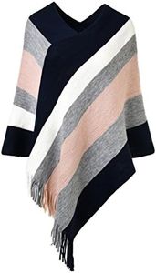 Ferand Women's Elegant Knitted Poncho Shawl with Striped Patterns and Fringed Sides, One size , Navy blue & Pink