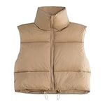 Womens Puffer Vest Cropped Sleeveless Vest Winter Warm Outwear Padded Gilet Lightweight Coat Khaki XS