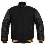 Men's Varsity Jacket Genuine Leather Sleeve and Wool Blend Letterman Boys College Varsity Jackets XXS-5XL (Black(Yellow Lining), Large)