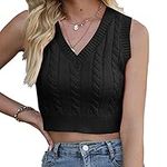 CHDBLOCK Women's V-Neck Knit Sweater Vest Solid Color Sleeveless Crop Knit Vest Sweaters, Black, Medium