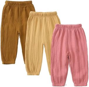 GFQLONG Toddler Baby Girls 3 Pack Elastic Waist Pants Soft Cotton Linen Harem Bloomers Summer Fall Long Pants,Pink+Yellow+Brown,18-24M