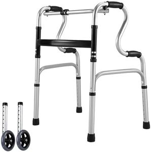 Aluminum Foldable Walker for Seniors - 7-Height Adjustable Walker, Stepped Handrail Assisted Getting Up Walker, Silver Walker with 2 Wheels, Stable Stand Up Walker for Elderly, Fixed & Flexible Modes