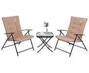 Nice C Outdoor Bistro Set for 2, Bistro Set, Patio Dinning Table 3-Piece, Garden Furniture, Folding Glass Table and 2 Folding Reclining Chairs with Cushion (Beige)