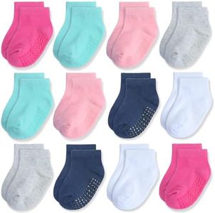 JAKIDAR 12-Pair Baby Socks Non-Slip Cotton Toddler Socks Ankle Socks for Baby, Pink&Deep Pink&Dark Blue 4-7T