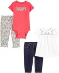 Simple Joys by Carter's Baby Girls' 4-Piece Bodysuit, Top, and Pant Set, Elephant/Floral/Happy Pack, Newborn