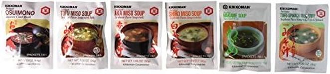 Kikkoman Instant Soup 6 Variety Pack - Miso-tofu , Tofu- Spinach Soup, Shiro Miso , Aka Miso , Osuimino Japanese Clear, Wakame