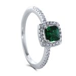 BERRICLE Rhodium Plated Sterling Silver Simulated Emerald Cushion Cut Cubic Zirconia CZ Halo Promise Engagement Ring 0.78 CTW Size 7