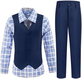 Qisuma Toddler Suit Boys Baptism Christening Outfit Kids Navy Suit Vest Pants Set Plaid Dress Shirt Size 6