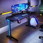 ELEGANT Gaming Desk with LED Lights Large 1400x600mm I Shaped Computer Table Workstations for Home and Office with Headphone Hooks，Cup Holder and Full XL Mouse Pad Black