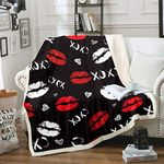 Girls Kiss Fuzzy Blanket Feminine Red Lips Fleece Sherpa Blanket for Sofa Couch White Lipstick Print Decor Plush Throw Blanket Black Sexy Mouth Pattern Flannel Blanket Double 60"x79"