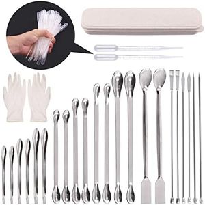 Swpeet 74Pcs Stainless Steel Micro Lab Scoop Spoon Lab Spatulas with 3ML Plastic Transfer Pipettes Kit, Pill Filler Tamper Tool Micro Spatula Steel Spoon Reagent Mixing Spatula Long Sampling Spoon