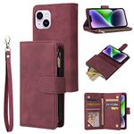 QLTYPRI Case for iPhone 15 Plus 6.7 inch, Large Capacity Leather Wallet Case 6 Card Holder & 1 Zipper Pocket Kickstand Wrist Strap Magnetic Case for iPhone 15 Plus - Wine Red