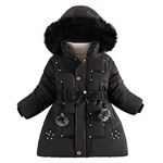 Runstarshow Girls' Coats Girls Winter Jacket Padded Coat Hooded Parka Jacket Fleece Lined Kids Warm School Coats with Detachable Hood Fur Collar Belt Pockets Outerwear for Girls Aged 3-12 Years