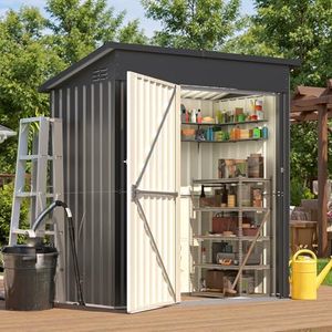 YODOLLA Outdoor Tool Shed 150x86x182cm, Heavy Duty Garden Storage Box with Double Doors, Corrosion Resistant Steel Workshop Shelter, Sloped Roof Design for Yard, Patio & Backyard Organization, Grey