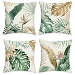 Bonhause Tropical Leaves Cushion Covers 45 x 45 cm Green Brown Leaf Decorative Throw Pillow Covers Polyester Linen Pillowcases for Sofa Home Garden Outdoor Summer Decor Set of 4